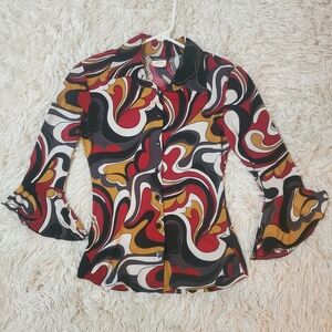 Vintage Chic Swirl Pattern Blouse in Red, Black, and Gold